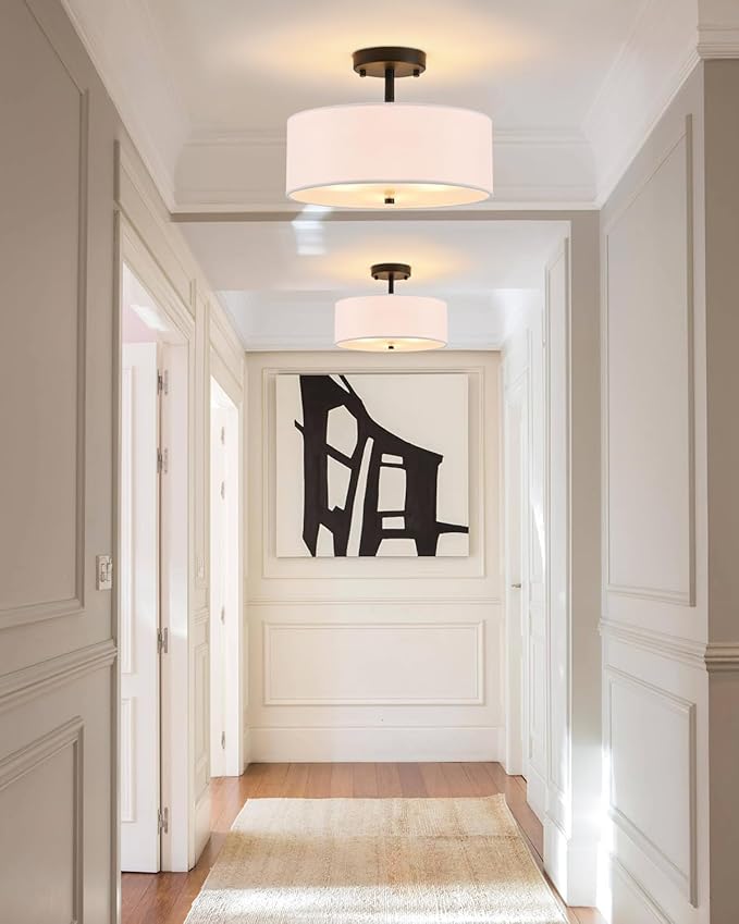 12.6" Semi Flush Mount Ceiling Light Fixture, 3-Light Black Drum Flush Mount Light Fixtures with White Fabric Shade, Modern Close to Ceiling Lights for Living Room Bedroom Hallway Entryway Foyer