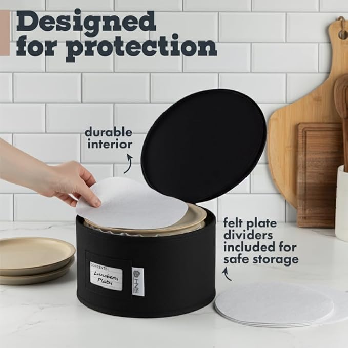 Hard Shell China Storage Containers 5-Piece Set Moving Boxes for Dinnerware, Glasses, Plates, Mugs and Saucers Sturdy Dish Organizer with Dividers for Seasonal Storage - Service for 12 - Black Quilted