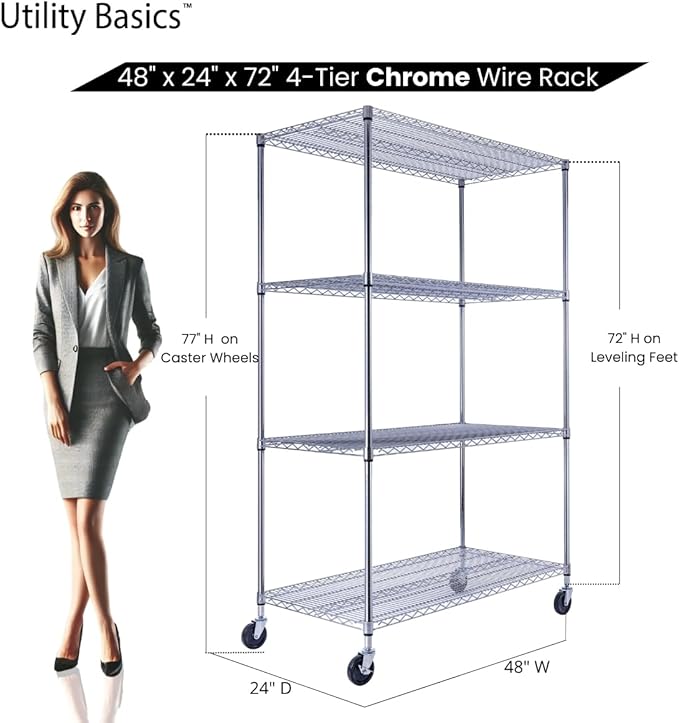 NSF Commercial 4-Tier Wire Shelving with Wheels, 48"x24"x72" Heavy Duty Metal Shelves 3200 lbs Max Capacity, Chrome Storage Rack for Garage Kitchen Pantry Warehouse