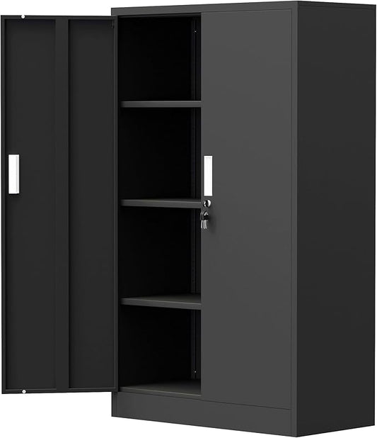 Metal Storage Cabinet with Locking Doors and 3 Adjustable Shelves, Lockable Storage Cabinets for Home Office Garage Kitchen Pantry (Black)
