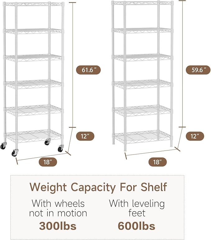 Small 6 Tier Shelf Storage Wire Shelving Unit Metal Shelves Adjustable Organizers Storage Shelving with Wheels for Bathroom Laundry Room Kitchen Pantry12”D x 18”W x 61.6”H White
