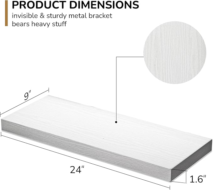 Floating Shelves - 24 Inch Rustic Wooden Wall Shelves - Extra Deeper & Thicker Wall Mounted Storage Shelf for Living Room, Kitchen, Farmhouse - 24" W x 9" D x 1.6"H - Rustic White, 2 Pack
