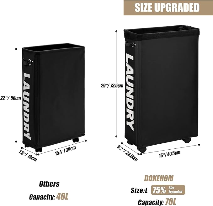 DOKEHOM 29-Inches Enlarged Slim Laundry Basket with Removable Wash Bag on Wheels, Collapsible Rolling Laundry Hamper, Foldable Narrow Corner Clothes Storage Bins (Black)