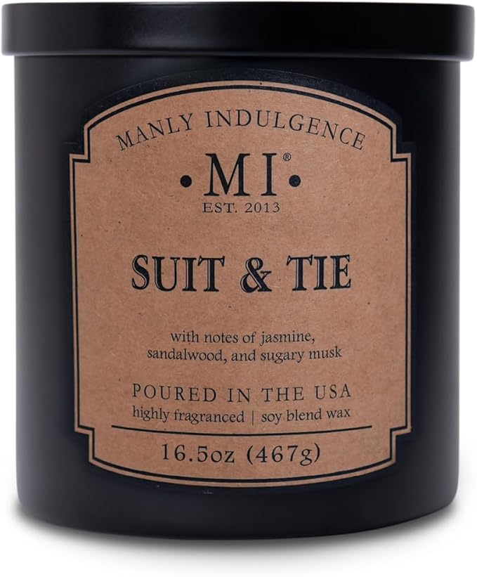 Manly Indulgence Suit & Tie Scented Candles for Men, 2 Wick, 16.5 oz, Premium Soy Blend Wax, 60H Burn, Candles for Home Scented - Made in The USA