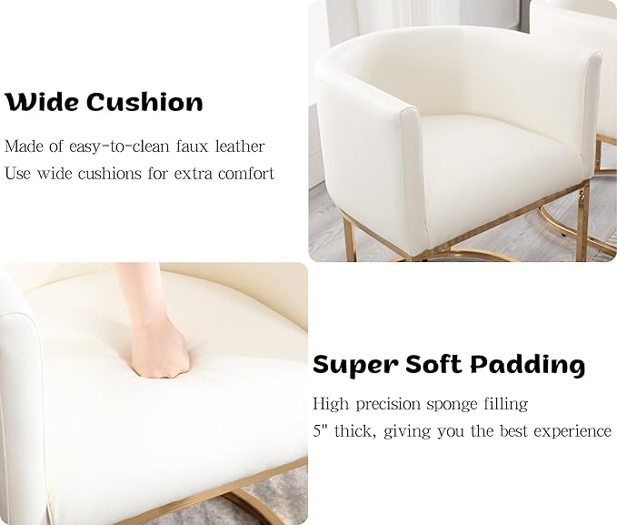 Faux Leather Dining Chairs Set of 4 Modern Barrel Arm Chairs with Golden Metal Frame, Upholstered 18.5" Wide Accent Chairs for Living Room, Dining Room, Restaurant, White