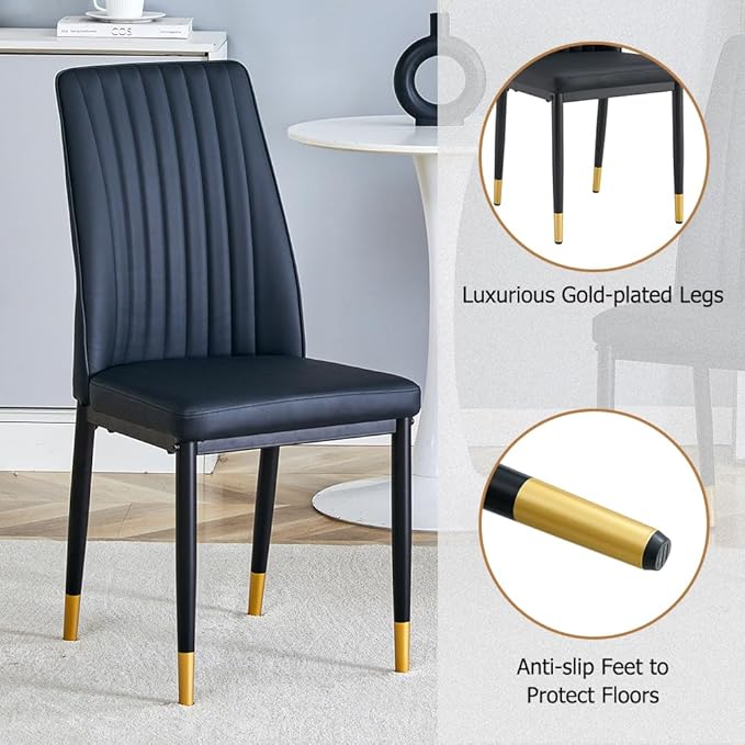 Modern Dining Table & Matching 4 Chairs, Rectangular - Black Marble Top with Leather Upholstery, Perfect for Dining Room (Set of 1 Table + 4 Chairs)