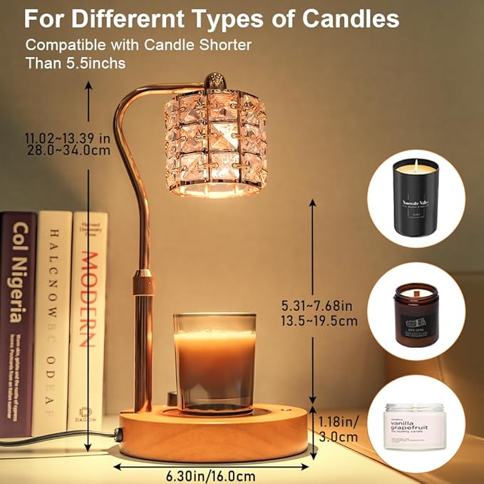 Candle Warmer Lamp with Timer, Candle Warmer Adjustable Height with 2 Bulbs, Dimmable Electric Candles Warming Lamp for Scented Jar Candles, Gold