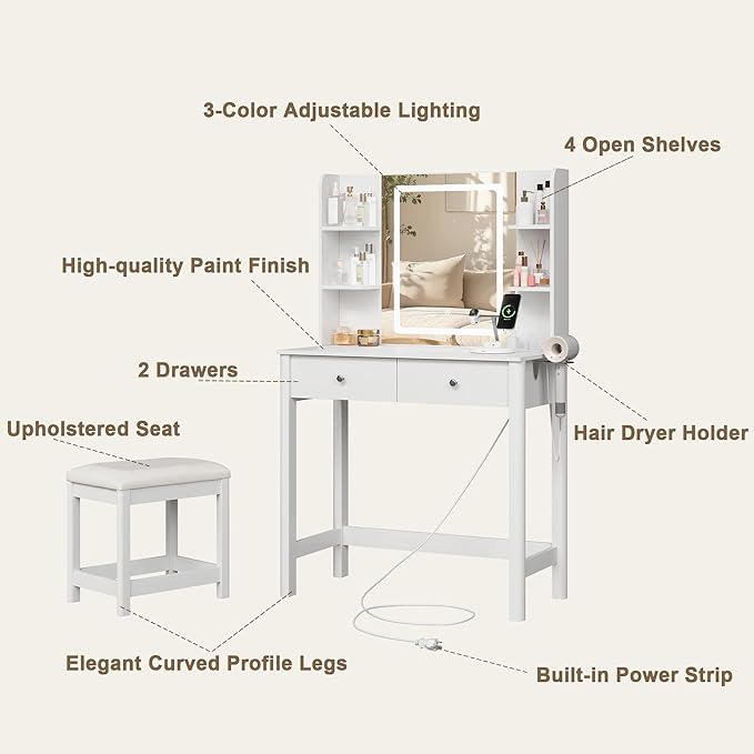 Vanity Desk with Mirror and LED Lights, Small Makeup Vanity Table Set with Drawers and Chair, Dressing Table with Power Outlet for Girls Bedroom, White