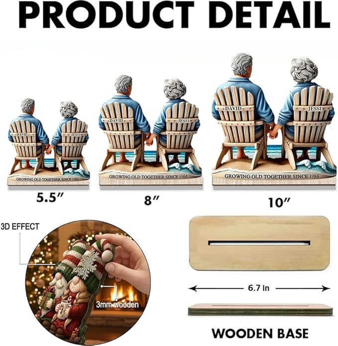 Custom Growing Old Together Christmas Decoration, Personalized Couple Beach Chair Wooden Plaque, Holiday Gift for Parents or Grandparents, Heartfelt Wooden Keepsake for Anniversary Celebration