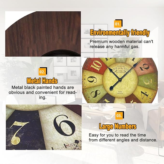 24 Inch Vintage Wall Clocks French Style Retro Wall Clock Large Farmhouse Clocks Retro Colorful Wall Clock Decorative Battery Operated Silent Scan Non-Ticking for Home Living Room Bedroom
