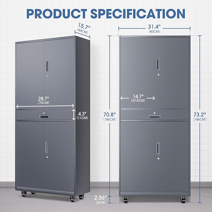 DNA Motoring 73'' Metal Storage Cabinet, Rolling Garage Cabinet with 1 Drawer and Adjustable Shelves, Lockable Heavy Duty Metal Locker for Garage,Office,Home,Gym, Gray, TOOLS-00630-GY-GY-A