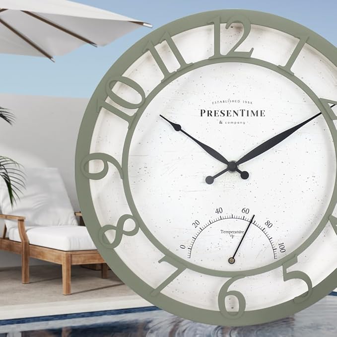 Presentime & Co 13" Farmhouse Outdoor Wall Clock w/Outdoor Thermometer, Modern Style, Raised 3D Arabic Numerals, Olive/Sage Green Finish (Wall Clock for Patio, Cottage, Poolside, Garden Spaces)