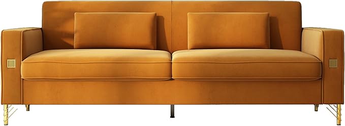 85.63" Velvet Sofa,Modern Loveseat Couch with Pillows Set of 2 for Living Room,Bedroom,Apartment Furniture with Gold Metal Legs (Orange)