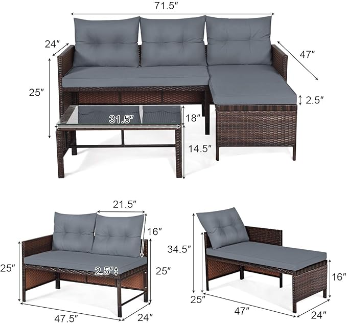 Tangkula Patio Corner Sofa Set 3 Piece, Outdoor Rattan Sofa Set, Includes Lounge Chaise, Loveseat & Coffee Table, Patio Garden Poolside Lawn Backyard Furniture