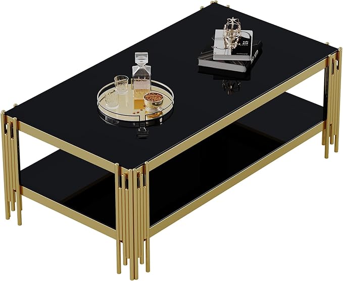 Goujxcy Modern Glass Coffee Table 47" Gold Center Table with Black Glass Top and Mirror Finish Stainless Steel Legs, Luxury Rectangular Coffee Table for Living Room Apartment (Gold)