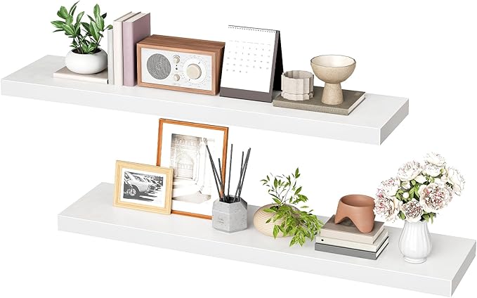 HOOBRO Floating Shelves for Wall, Wall Mounted Shelf Set of 2, 31.5" Hanging Shelf with Invisible Brackets, for Wall in Bathroom, Bedroom, Toilet, Kitchen, Living Room, Office, White WT80BJP201