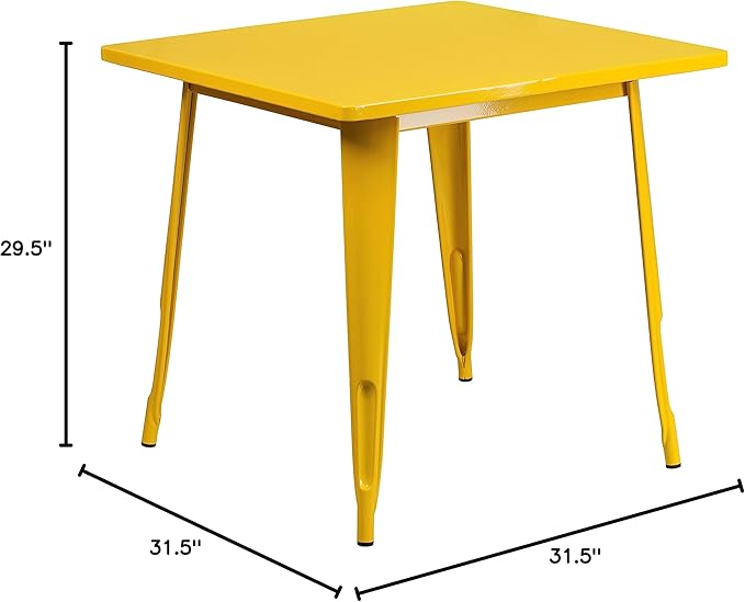 EMMA + OLIVER Commercial Grade 31.5" Square Yellow Metal Indoor-Outdoor Table