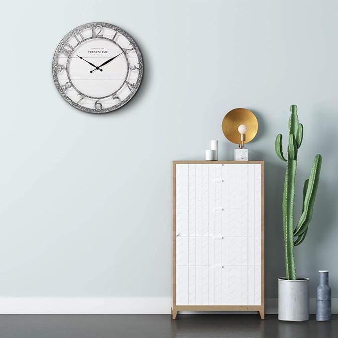 Presentime & Co 13" Farmhouse Series Wall Clock, Quartz Movement, Shiplap Style,Raised 3D Arabic Numeral, Galvanized Finish