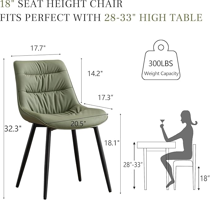 Kidol & Shellder Dining Chairs Set of 2, Modern Upholstered Faux Leather Kitchen Side Chairs with Comfortable Back - Mid-Century Armless Chair for Dining Living Room Bedrooms, with Metal Legs (Green)