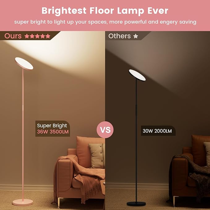 Pink Dimmable Floor Lamp, Bright 36W 3500LM Standing Lamp with Remote Touch Control, 2700K Soft White to 6500K Cool White Adjustable, LED Torchiere Tall Light for Living Room,Bedroom,Office,Sofa