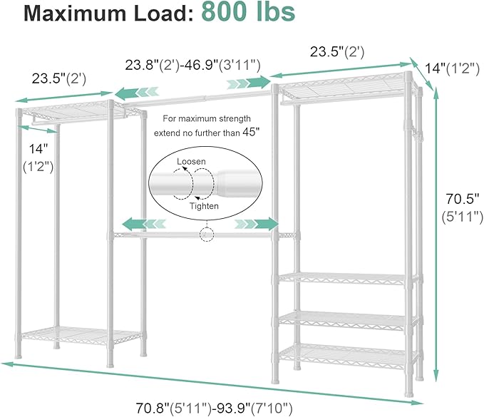 SEMHOR E06 Expandable Heavy Duty Clothes Rack for Reach-in Closet, Freestanding Clothing Racks with Shelves, Carbon Steel Closet Organizer System Adjustable from 70.8-93.9", Max Load 800LBS, White