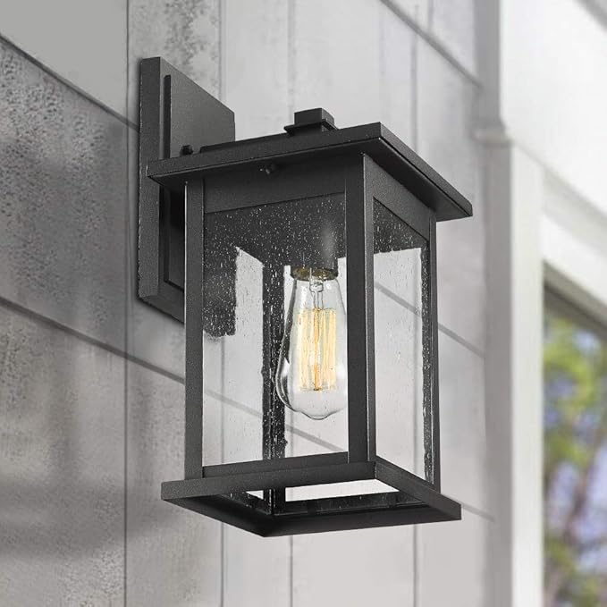 Emliviar Outside Lights for House, 1-Light Outdoor Wall Lantern 14", Black Finish with Seeded Glass, 1803EW2