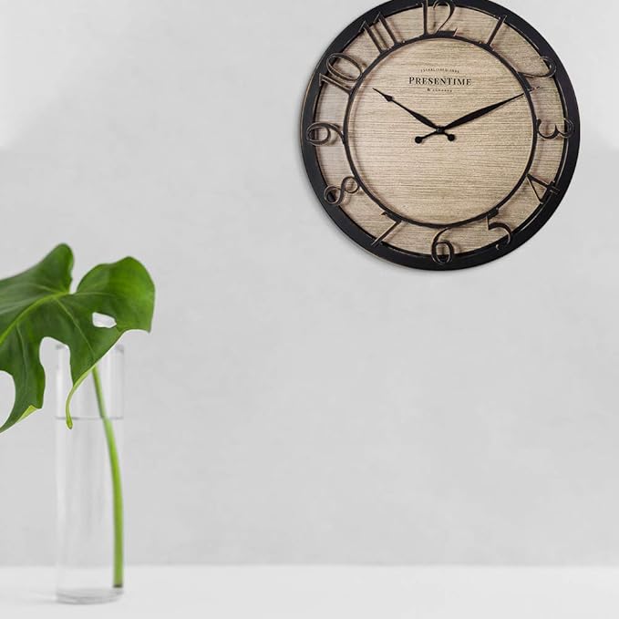 Presentime & Co 13" Farmhouse Series Wall Clock, Quartz Movement, Shiplap Style,Raised 3D Arabic Numeral, Oil Rubbed Bronze