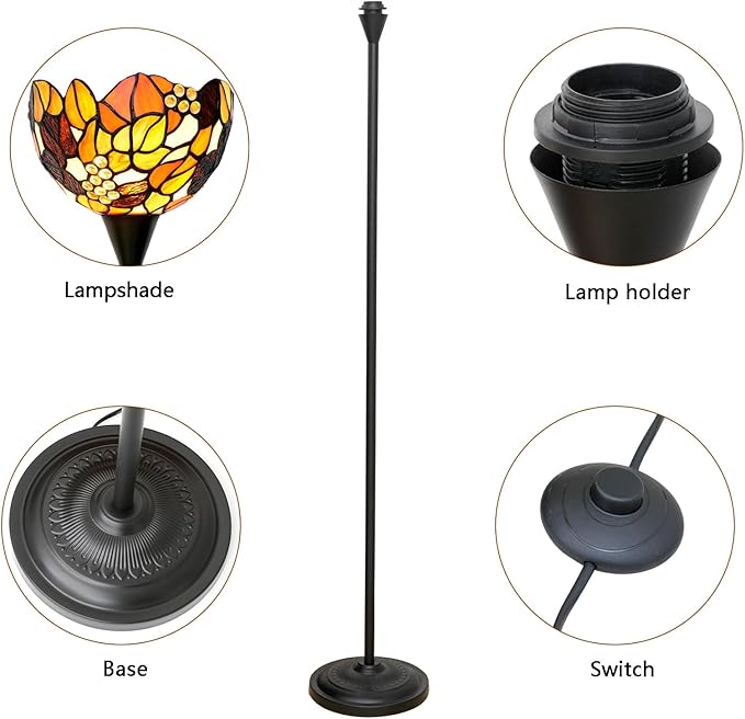 Tiffany Floor Lamp Tochiere Standing Lamp Yellow Grapes Style Stained Glass Floor Light Vintage Tall Pole Uplight Rustic Corner Lamp with Foot Switch for Home Decor Living Room Bedroom