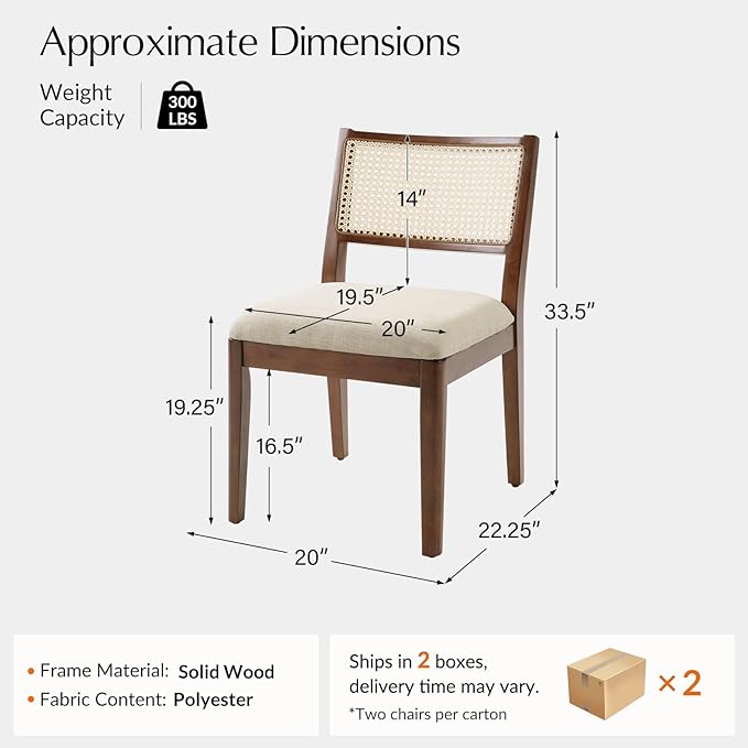 HULALA HOME Rattan Dining Chairs Set of 4, French Solid Wood Kitchen Dining Room Chairs with Curved Back, Upholstered Accent Dinner Cane Chair for Living Room Restaurant, Walnut