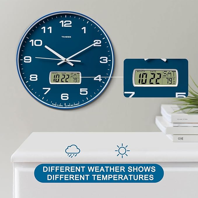 Wall Clock, 10" Dial Non-Ticking Silent Battery Operated Analog with LCD Display for Perpetual Calendar and F° Temperature, Ideal Modern Home, Bedroom, Kitchen, Office Decor (Blue)