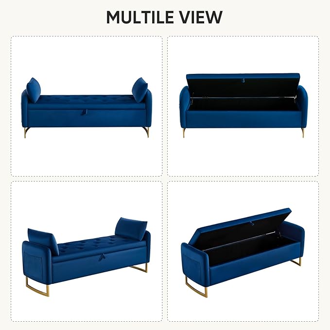 65" Storage Ottoman Bench, End of Bed Storage Bench King Size with Tufted Button Upholstered and Gold Legs, Bedroom Benches with Armrests for Living Room Window and Entryway, Navy Blue