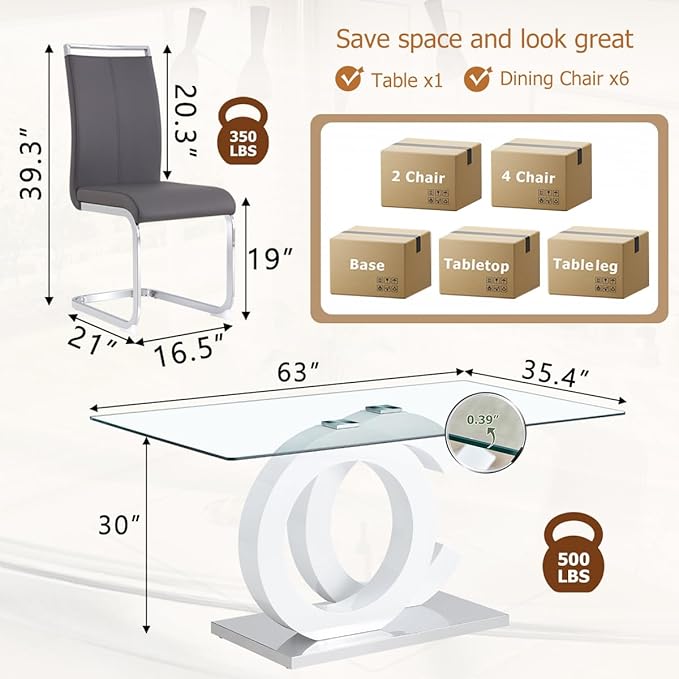 63'' Glass Dining Table Set for 6, Kitchen Table Chairs Set of 6, Clear Glass Dining Table with White unique design Leg and Silver Metal Base, 6 PU Dining Chairs with Metal Legs, Living Room, Kitchen.