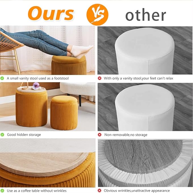 Round Ottoman with Storage Set of 2-Upholstered Sherpa Vanity Stool for Makeup Multifunctional Ottomans Coffee Table Padded Seat Foot Rest (Engineered Wood, Yellow-Upgrade Taray Lid)