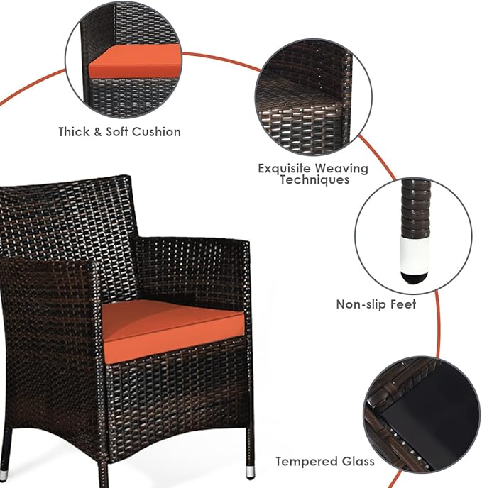 Goplus 4-Piece Rattan Patio Set, Outdoor/Indoor Wicker Conversation Set for Pool, Backyard, Lawn, Wicker Chairs and Sofa with Soft Cushion, Rattan Furniture with Tempered Glass Coffee Table