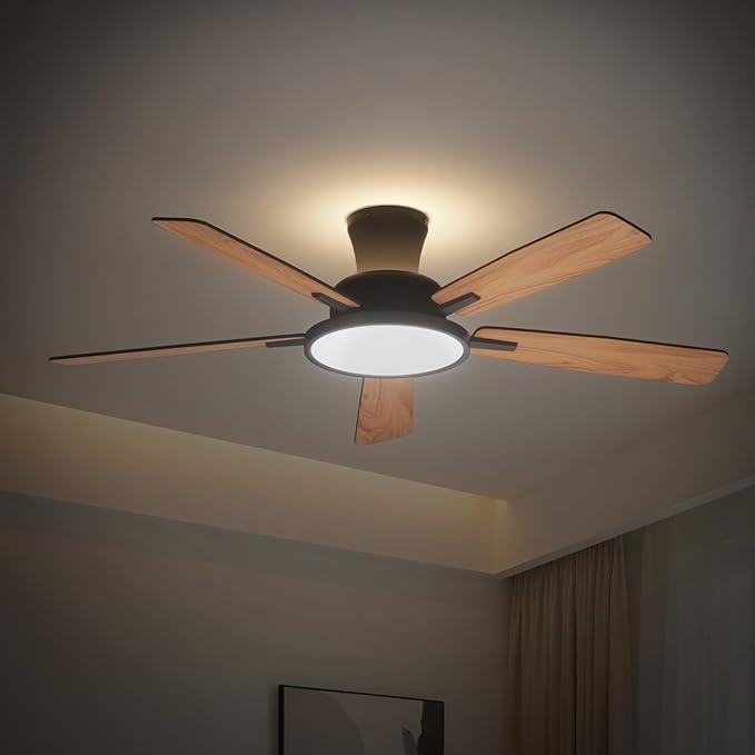 TALOYA Ceiling Fans with Lights and Remote, 52 inch Low Profile Ceiling Fan with Nightlight, Flush Mount, Reversible, 3CCT, Dimmable Black Modern Ceiling Fan for Bedroom, Living Room, Outdoor Patio