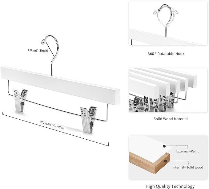 Nature Smile Deluxe Wooden Pants Hangers, Solid Lotus Wood, with Clips, Pack of 28, White
