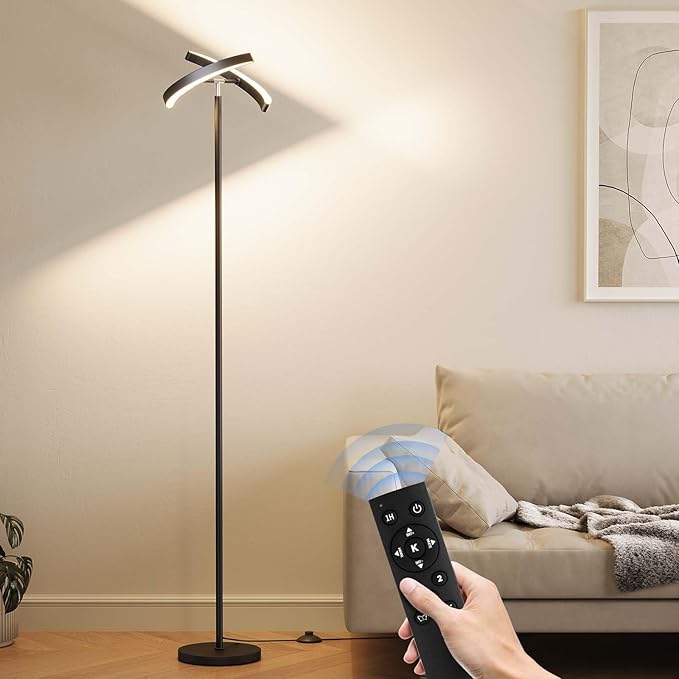 SUNMORY Floor Lamps for Living Room, 28W/1600LM Bright LED Floor Lamp with Remote & 2 Rotatable Lights, 74" Dimmable Tall Standing Lamp, Modern Reading Torchiere Corner Lamp for Bedroom Office, Black