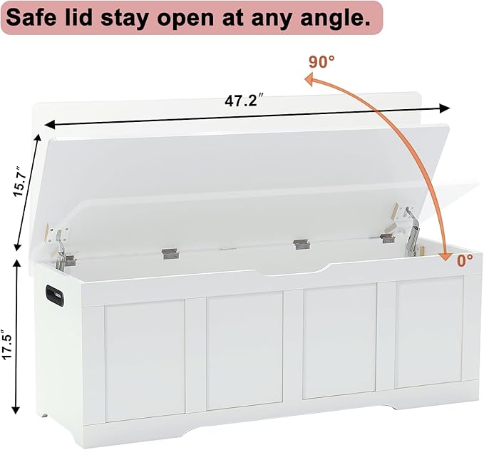 47.2" Storage Chest, Extra Large Storage Trunk with 2 Safety Hinges, Wooden Storage Bench, Shoe Bench, Entryway Bench for Living Room, Bedroom, White