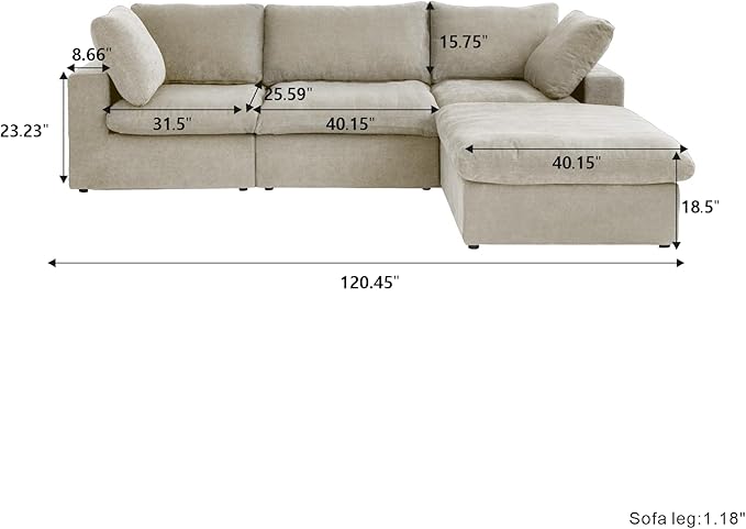 Cloud Modular Sectional Sofa with Storage Ottoman,120.45" L Shaped Couch for Living Room,Down Filled Convertible Couch Deep Seat for Office Apartment,Covers Washable&Replaceable,Khaki