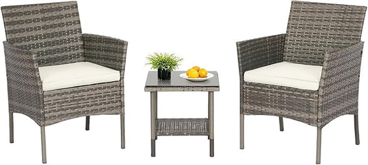 FDW | 3-Piece Patio Furniture Set | Gray & Khaki | Outdoor Wicker Furniture with Coffee Table | Modern Rattan Chairs Conversation Set | Outdoor Seating | Weather-Resistant | for Porch, Garden, Lawn