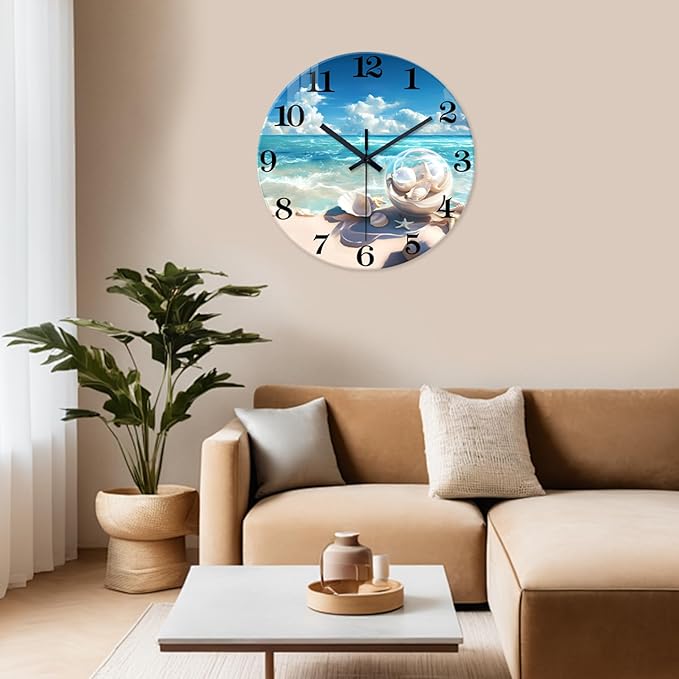 XNM Blue Beach Wall Clock for Office 24 Inch Giant Wall Clock Decorative Round Silent Clock for Wall