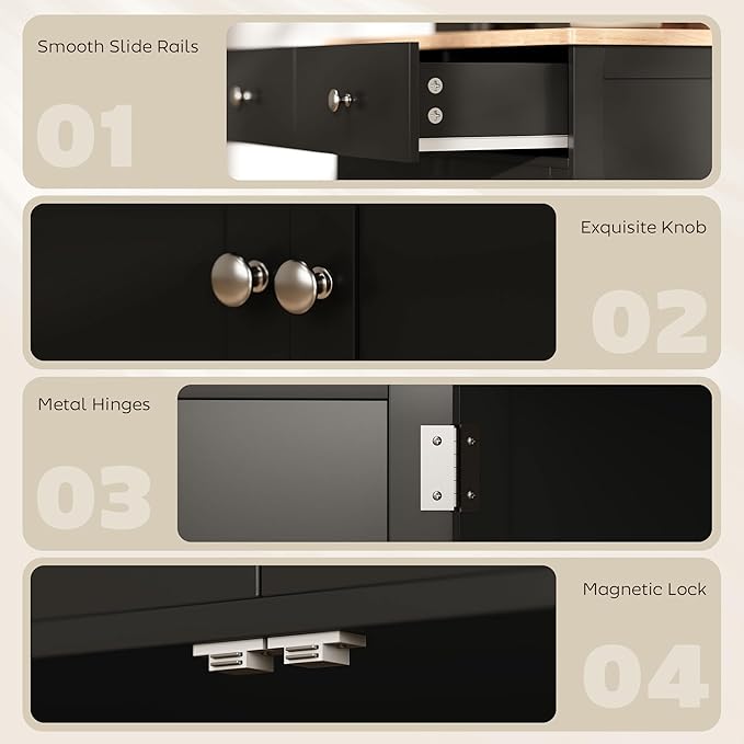 HOMCOM Sideboard Buffet Cabinet with Solid Wood Countertop, Modern Kitchen Storage Cabinet, Coffee Bar Cabinet with 2 Drawers, Doors and Adjustable Shelf, Black