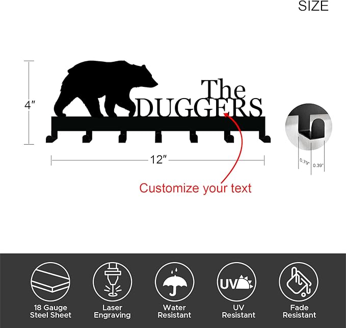 Custom Key Hook Rack for Wall – Personalized Family Name Metal Key Hanger - Bear Theme Organizer with 7 Hooks for Entryway, Front Door, Kitchen, Bathroom or Hallway Decor