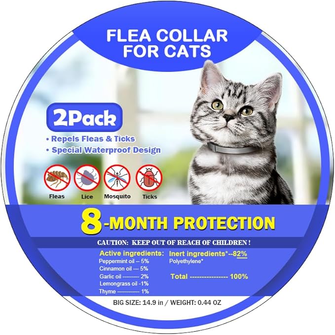 Flea and Tick Collar for Cats 2 Pack, 8 Months of Cat Flea Collar Protection 2 Collars Made with Premium Plant Based Essential Oil Waterproof and Natural Treatment Prevention Free Comb