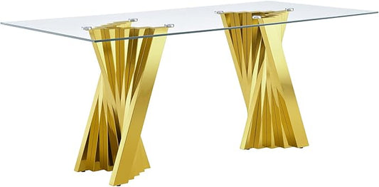 HomVent 70.08" Rectangular Clear Tempered Glass Dining Table,Stylish Design with Golden Stainless Steel Legs, Dining Table for Dining Room