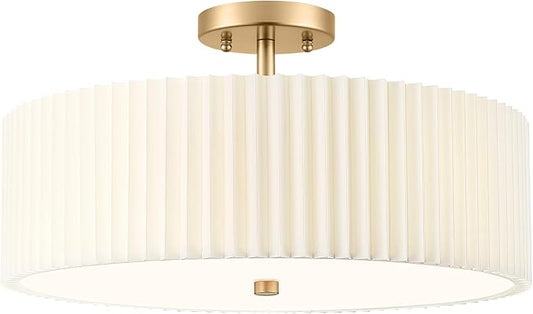Gold Semi Flush Mount Ceiling Lights, 4-Light 18" Ceiling Light Fixture with White Pleated Fabric Shade, Drum Lamp for Nursery Hallway Bedroom Kitchen, AD-25036-4SF-GD