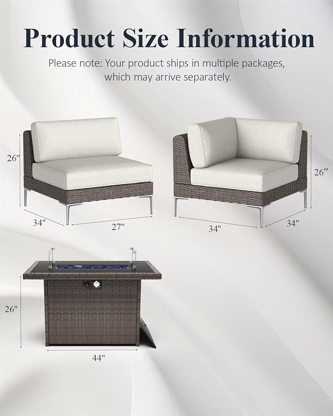 LayinSun 7-Piece Outdoor Modular Wicker Sectional Sofa with Fire Pit Table, Patio Furniture Conversation Set with Deep Seating and Thick Cushions