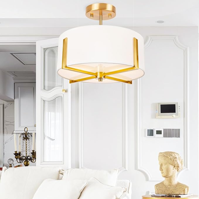 3-Light Semi Flush Mount Ceiling Light Fixture, 13.7" Gold Drum Light with White Fabric Shade, Modern Close to Ceiling Lamp for Living Room Bedroom Dining Room Kitchen Hallway Entry Foyer