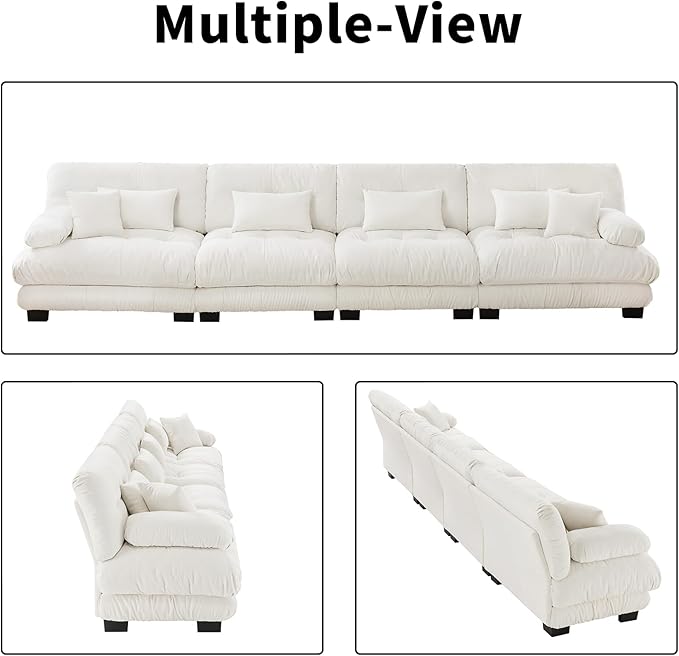 173.2" Oversized Couch, 4 Seater Modular Sectional Sofa, White Sectional Fluffy Couch Set, Chenille Cloud Couch with 6 Pillows, Deep Seat Sofas for Living Room