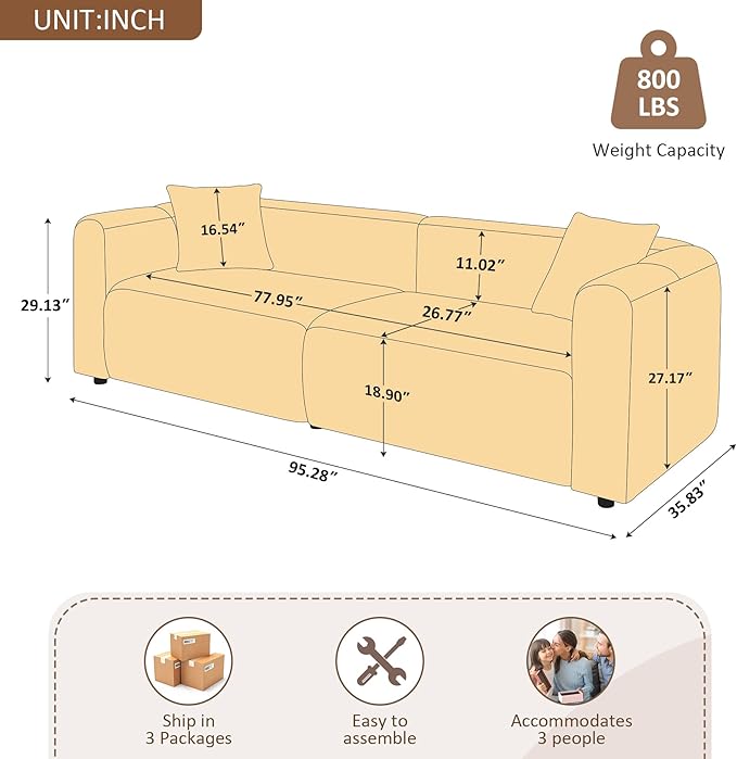 VANOMi 95" Cloud Couch, Comfy Deep Seat Boucle Cloud Sofa, Upholstered 3-Seater Oversized Loveseat Sofa with 2 Pillows, Modern Sofa for Living Room, Bedroom, Office, Apartment (Curry)